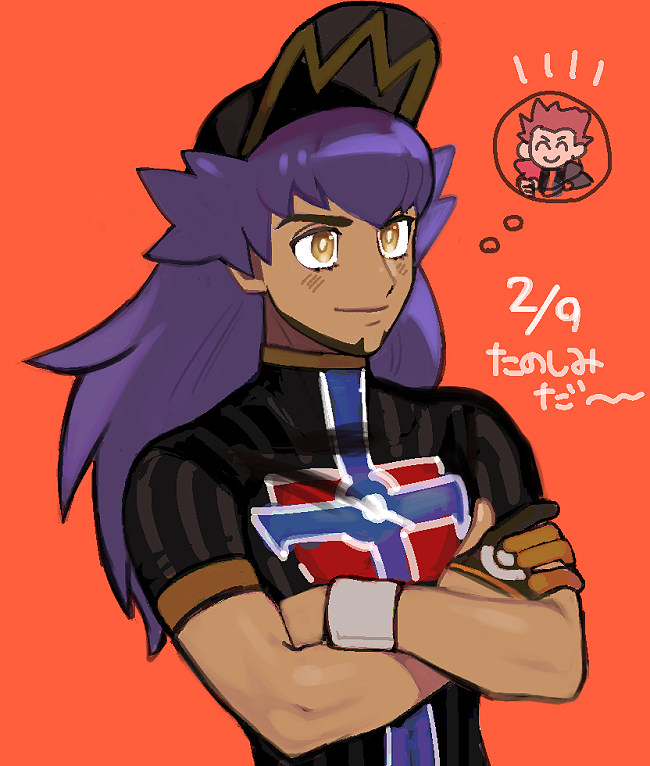 1boy baseball_cap blush champion_uniform closed_mouth commentary_request crossed_arms dark_skin dark_skinned_male datosa eyelashes facial_hair gloves hat lance_(pokemon) leon_(pokemon) long_hair male_focus orange_background partially_fingerless_gloves pokemon pokemon_(game) pokemon_hgss pokemon_swsh purple_hair shirt short_sleeves single_glove smile thought_bubble upper_body wristband yellow_eyes