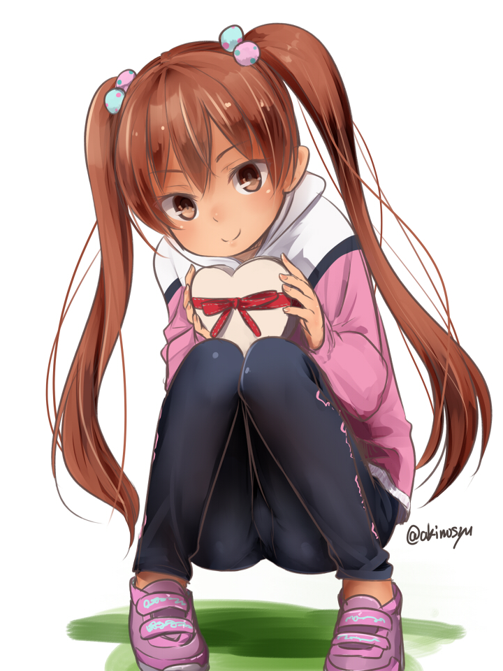 1girl akino_shuu black_pants blush box brown_eyes brown_hair closed_mouth eyebrows_visible_through_hair gift gift_box hair_between_eyes heart-shaped_box holding holding_gift kantai_collection libeccio_(kancolle) libeccio_(kantai_collection) long_hair long_sleeves official_alternate_costume pants pink_footwear shoes smile sneakers solo twintails twitter_username white_background