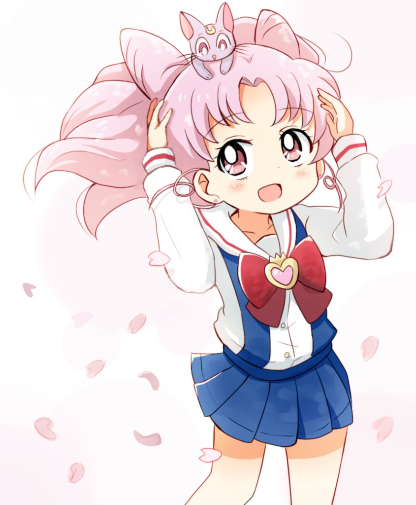 1girl :d animal animal_on_head bangs bishoujo_senshi_sailor_moon blue_skirt blush bow bowtie cat cat_on_head chibi_usa commentary_request diana_(sailor_moon) earrings eyebrows_visible_through_hair falling_petals floating_hair happy jewelry long_sleeves looking_up nmemoton on_head open_mouth parted_bangs petals pink_eyes pink_hair red_bow red_neckwear sailor_collar school_uniform serafuku simple_background skirt smile standing stud_earrings suspender_skirt suspenders two_side_up white_sailor_collar wind