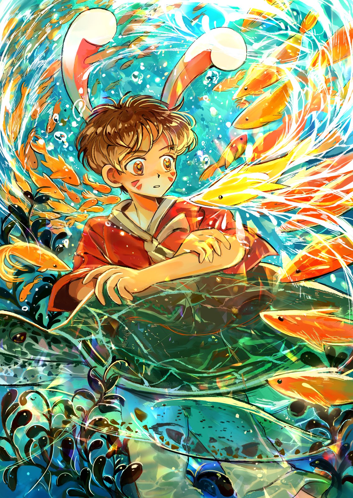 12anchovy 1boy animal_ears brown_eyes brown_hair bubble caustics feet_out_of_frame fish highres original parted_lips plant rabbit_ears red_shirt shirt short_hair short_sleeves solo turtle underwater