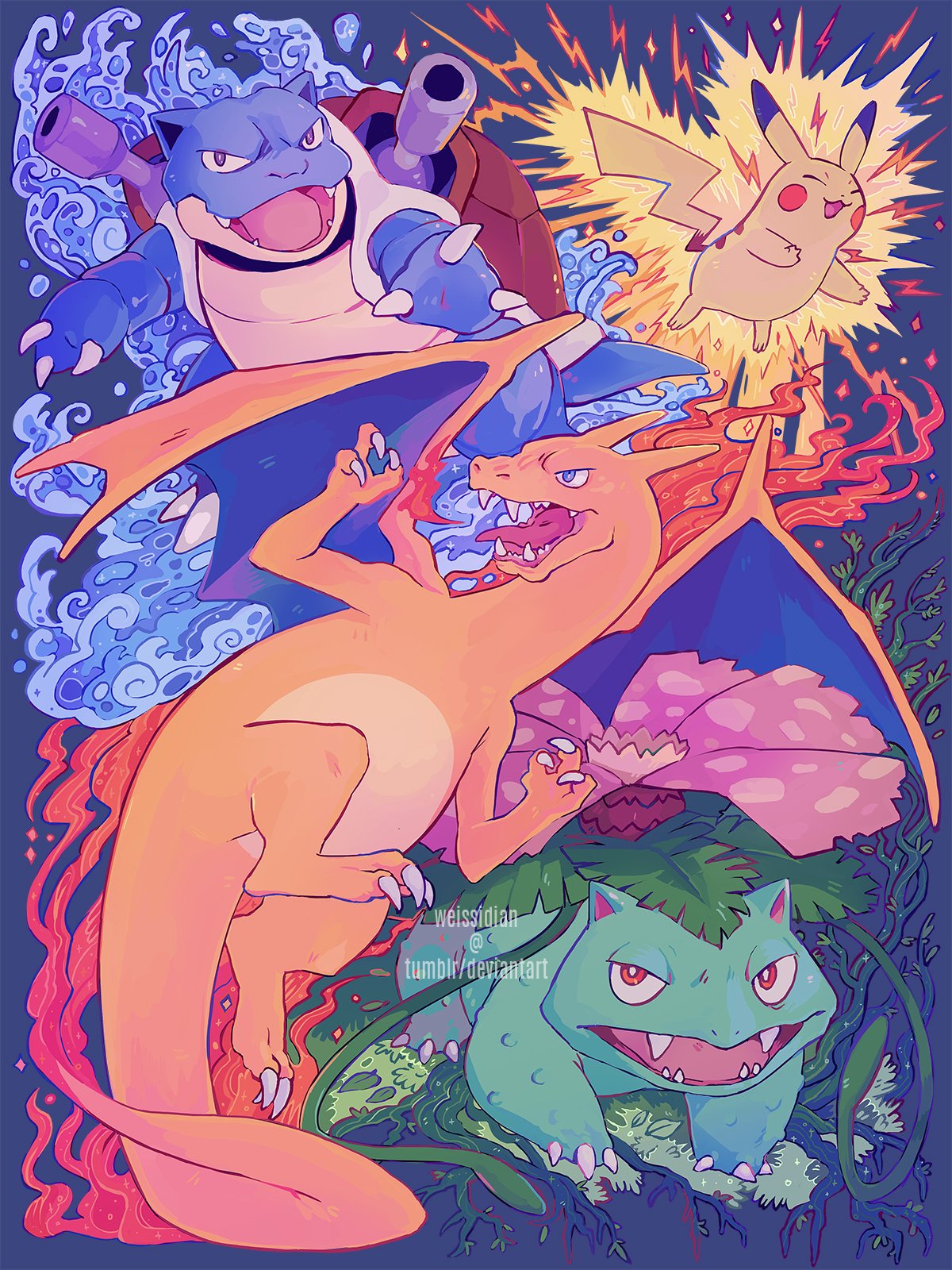 artist_name blastoise charizard claws closed_eyes commentary electricity english_commentary fire gen_1_pokemon grass highres looking_back miyaulait open_mouth pikachu plant pokemon pokemon_(creature) smile teeth tongue venusaur vines water watermark