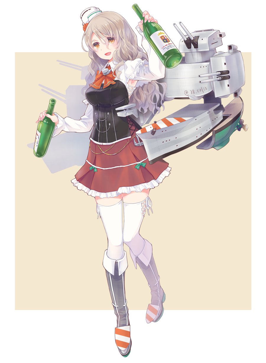 1girl alcohol arm_up armpit_cutout bangs boots bottle breasts brown_eyes clothing_cutout colis frilled_skirt frills grey_hair hair_between_eyes hat highres holding holding_bottle kantai_collection knee_boots long_hair long_sleeves medium_breasts mini_hat open_mouth pola_(kancolle) red_neckwear red_skirt rigging simple_background skirt solo thigh-highs two-tone_background wavy_hair white_legwear