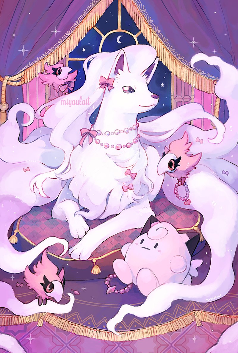 alolan_form alolan_ninetales artist_name character_doll clefairy closed_mouth commentary crescent curtains cushion english_commentary gen_1_pokemon gen_6_pokemon gen_7_pokemon looking_to_the_side lying miyaulait no_humans on_stomach paws pokemon pokemon_(creature) rug sparkle spritzee toes watermark