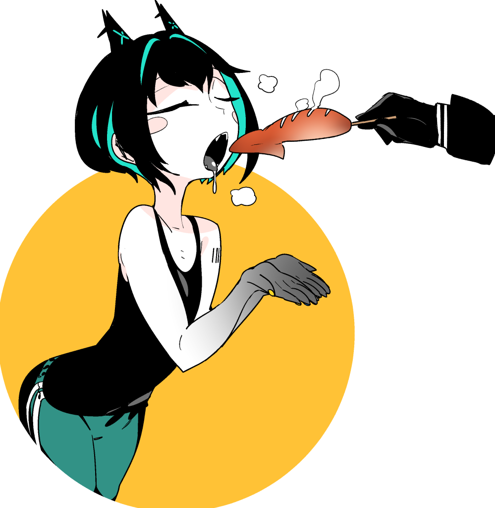 1girl animal_ears barcode_tattoo bare_shoulders black_eyes black_hair black_shirt blue_pants blush_stickers bob_cut cat_ears closed_eyes colored_inner_hair colored_skin cupping_hands feeding fingernails fried_squid gradient_skin grey_skin kokubunji_suou kuroi_moyamoya leaning_forward long_sleeves mechanical_ears mole mole_under_mouth multicolored_hair nail_polish open_mouth original pants saliva shirt short_hair shoulder_tattoo sleeveless sleeveless_shirt solo tattoo tongue tongue_out track_pants white_skin yellow_nails
