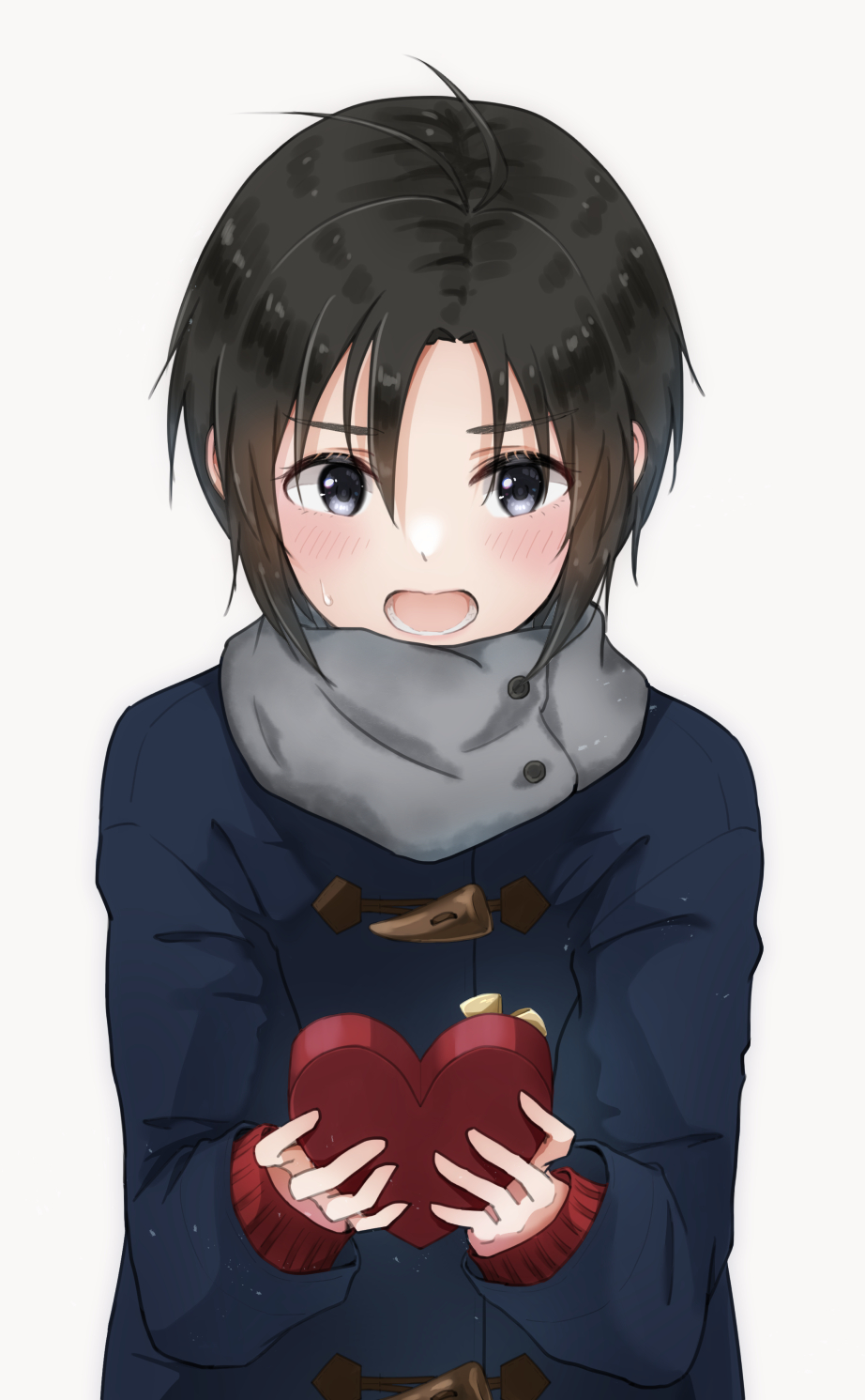 1girl antenna_hair black_hair blush box coat commentary gift grey_eyes heart heart-shaped_box highres holding holding_gift idolmaster kikuchi_makoto looking_at_viewer mogskg open_mouth scarf short_hair simple_background solo sweatdrop toggles upper_body valentine winter_clothes