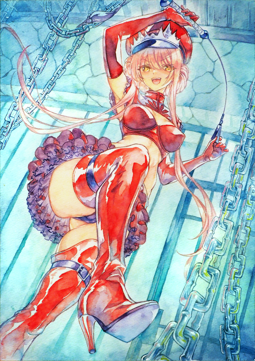 1girl alluring_chief_warden_look arm_up bangs boots breasts chain chikinan_tarou cleavage_cutout clothing_cutout elbow_gloves eyebrows_visible_through_hair fate/grand_order fate_(series) frilled_skirt frills from_below gloves hair_bun halter_top halterneck happy hat high_heels highres holding holding_whip indoors leather long_hair medb_(fate) medb_(fate)_(all) medium_breasts military military_uniform miniskirt open_mouth peaked_cap pink_hair prison revealing_clothes riding_crop shiny shiny_clothes skirt solo thigh-highs thigh_boots tiara traditional_media uniform watercolor_(medium) whip yellow_eyes