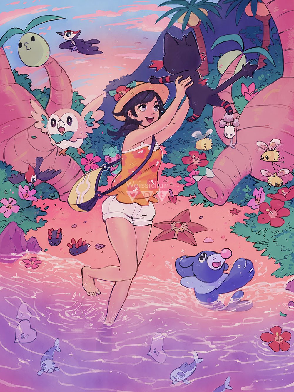 1girl alolan_exeggutor alolan_form barefoot black_hair clouds commentary cutiefly english_commentary flower gen_1_pokemon gen_3_pokemon gen_7_pokemon hat highres holding holding_pokemon instagram_logo litten long_hair luvdisc miyaulait morelull outdoors pikipek pokemon pokemon_(creature) pokemon_(game) pokemon_usum popplio pyukumuku red_flower rowlet sand selene_(pokemon) shore shorts sky splashing standing standing_on_one_leg starter_pokemon_trio staryu toes twitter_logo water watermark white_shorts wishiwashi wishiwashi_(solo) yellow_bag