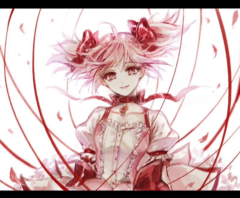 1girl arms_at_sides blurry blurry_background breasts bubble_skirt choker closed_mouth clothes_lift collarbone depth_of_field dot_nose eyebrows_visible_through_hair eyelashes floating_hair frilled_sleeves frills hair_ribbon happy head_tilt kaname_madoka letterboxed light_smile long_eyelashes mahou_shoujo_madoka_magica messy_hair pagaraga petals pink_eyes pink_hair pink_theme puffy_short_sleeves puffy_sleeves red_choker red_neckwear red_ribbon red_theme ribbon rose_petals shiny shiny_hair short_sleeves simple_background skirt skirt_lift small_breasts solo soul_gem string string_of_fate tareme twintails upper_body white_background