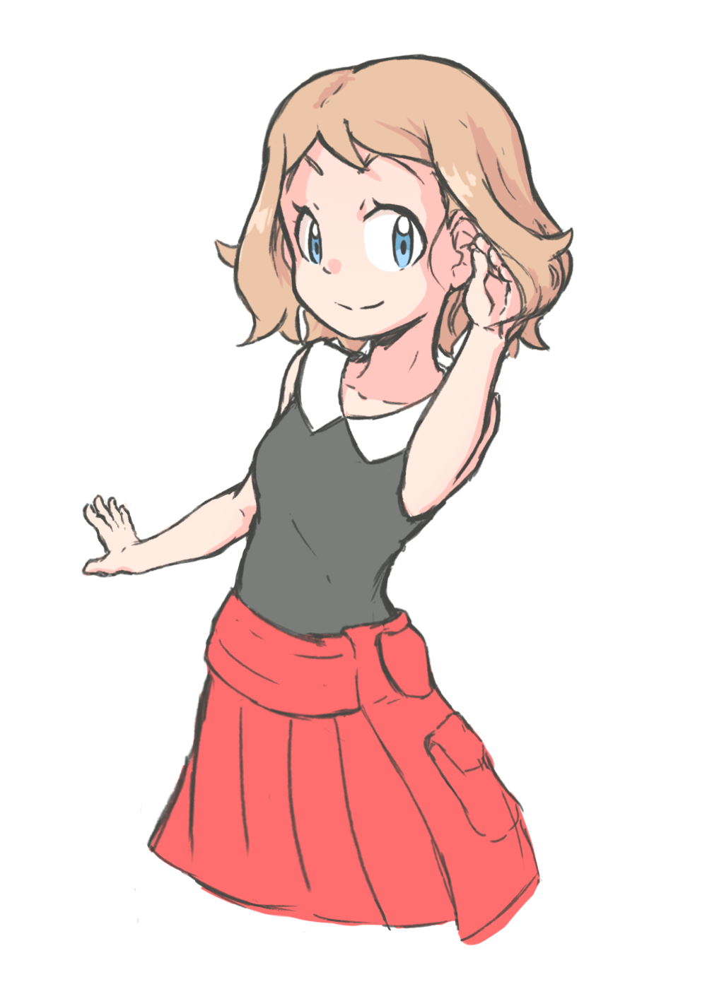 1girl bare_arms black_shirt blue_eyes breasts brown_hair highres julian0223 pleated_skirt pokemon pokemon_(anime) pokemon_xy_(anime) red_skirt serena_(pokemon) shirt short_hair skirt sleeveless sleeveless_shirt small_breasts smile solo