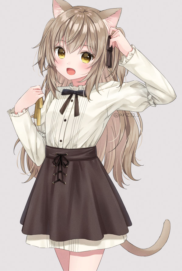 1girl :d animal_ear_fluff animal_ears anz32 arm_up bangs black_bow black_skirt blush bow brown_bow brown_eyes brown_hair cat_ears cat_girl cat_tail commentary_request eyebrows_visible_through_hair fang frilled_sleeves frills grey_background hair_between_eyes hair_bow long_hair long_sleeves looking_at_viewer open_mouth original shirt simple_background skirt smile solo standing tail twitter_username two_side_up very_long_hair white_shirt