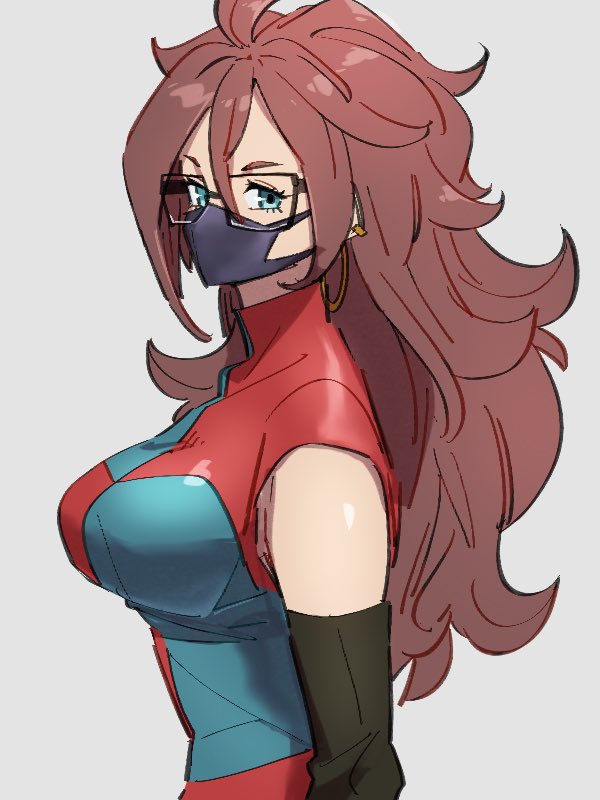 1girl android_21 blue_eyes breasts checkered checkered_dress dragon_ball dragon_ball_fighterz dress glasses grey_background kemachiku large_breasts long_hair looking_at_viewer mask mouth_mask redhead simple_background solo