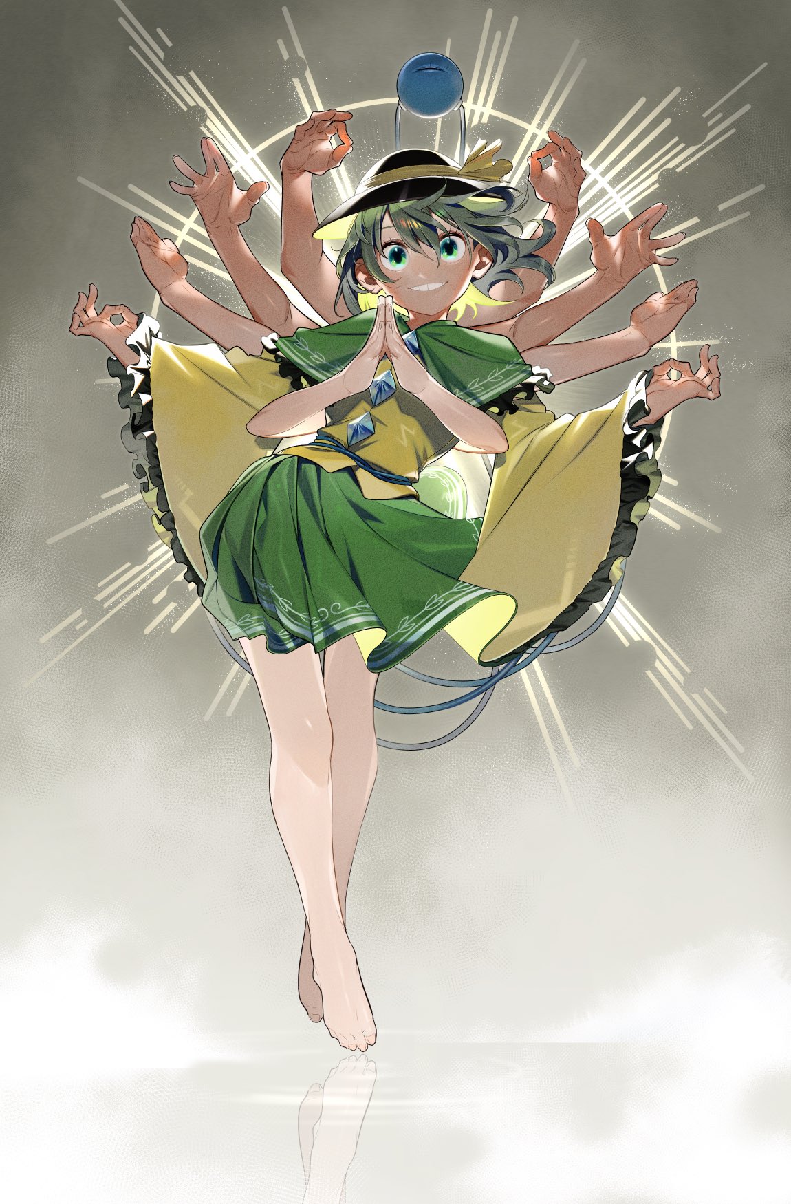 1girl barefoot black_headwear commentary extra_arms floating fog frilled_sleeves frills green_eyes green_hair green_skirt grey_background grin halo hands_up hat hat_ribbon highres komeiji_koishi leaning_to_the_side long_sleeves looking_at_viewer mudra own_hands_together reflection ribbon shirt short_hair skirt smile sofa_(enogunomu) solo third_eye touhou vitarka_mudra water wide_sleeves yellow_ribbon yellow_shirt