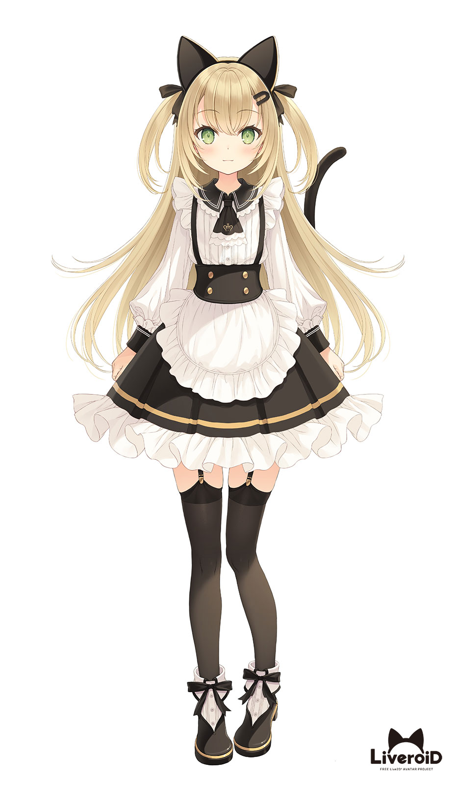 1girl animal_ears apron bangs black_bow black_footwear black_hairband black_legwear black_skirt blush boots bow cat_ears cat_tail closed_mouth collared_shirt commentary_request eyebrows_visible_through_hair fake_animal_ears frilled_apron frilled_shirt_collar frilled_skirt frills full_body garter_straps green_eyes hair_bow hair_ornament hairband hairclip highres light_brown_hair long_hair long_sleeves looking_at_viewer original pleated_skirt puffy_long_sleeves puffy_sleeves shirt simple_background skirt smile solo standing tail tail_raised thigh-highs thighhighs_under_boots two_side_up very_long_hair white_apron white_background white_shirt yashiro_seika