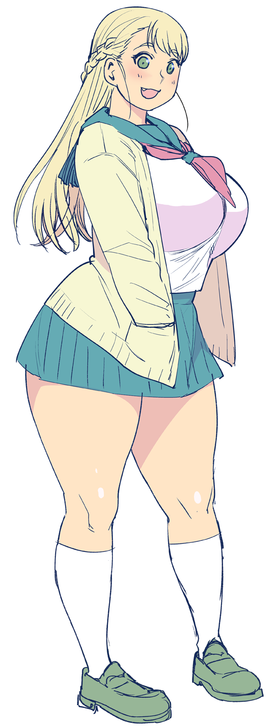 1girl blonde_hair breasts commentary_request elf-san_wa_yaserarenai. erufuda-san fang green_eyes highres huge_breasts long_hair looking_at_viewer revision school_uniform serafuku shoes skirt smile socks solo synecdoche thick_thighs thighs white_legwear