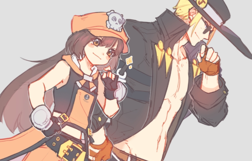 1boy 1girl bare_pecs belt blonde_hair brown_eyes brown_hair gloves guilty_gear hat height_difference johnny_(guilty_gear) long_hair may_(guilty_gear) rladpdnjs29 skull skull_and_crossbones sunglasses