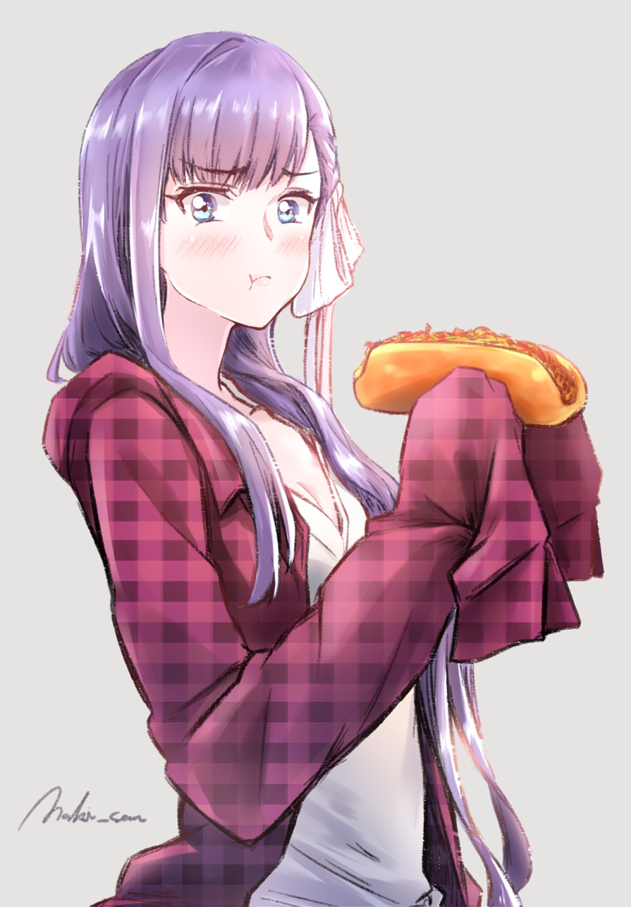 1girl bangs blue_eyes blush breasts coffeekite contemporary eating fate/extra fate/extra_ccc fate_(series) hair_ribbon highres hot_dog long_hair long_sleeves looking_at_viewer meltryllis_(fate) open_clothes open_shirt plaid plaid_shirt puffy_cheeks purple_hair red_shirt ribbon shirt sleeves_past_fingers sleeves_past_wrists small_breasts very_long_hair white_ribbon white_shirt