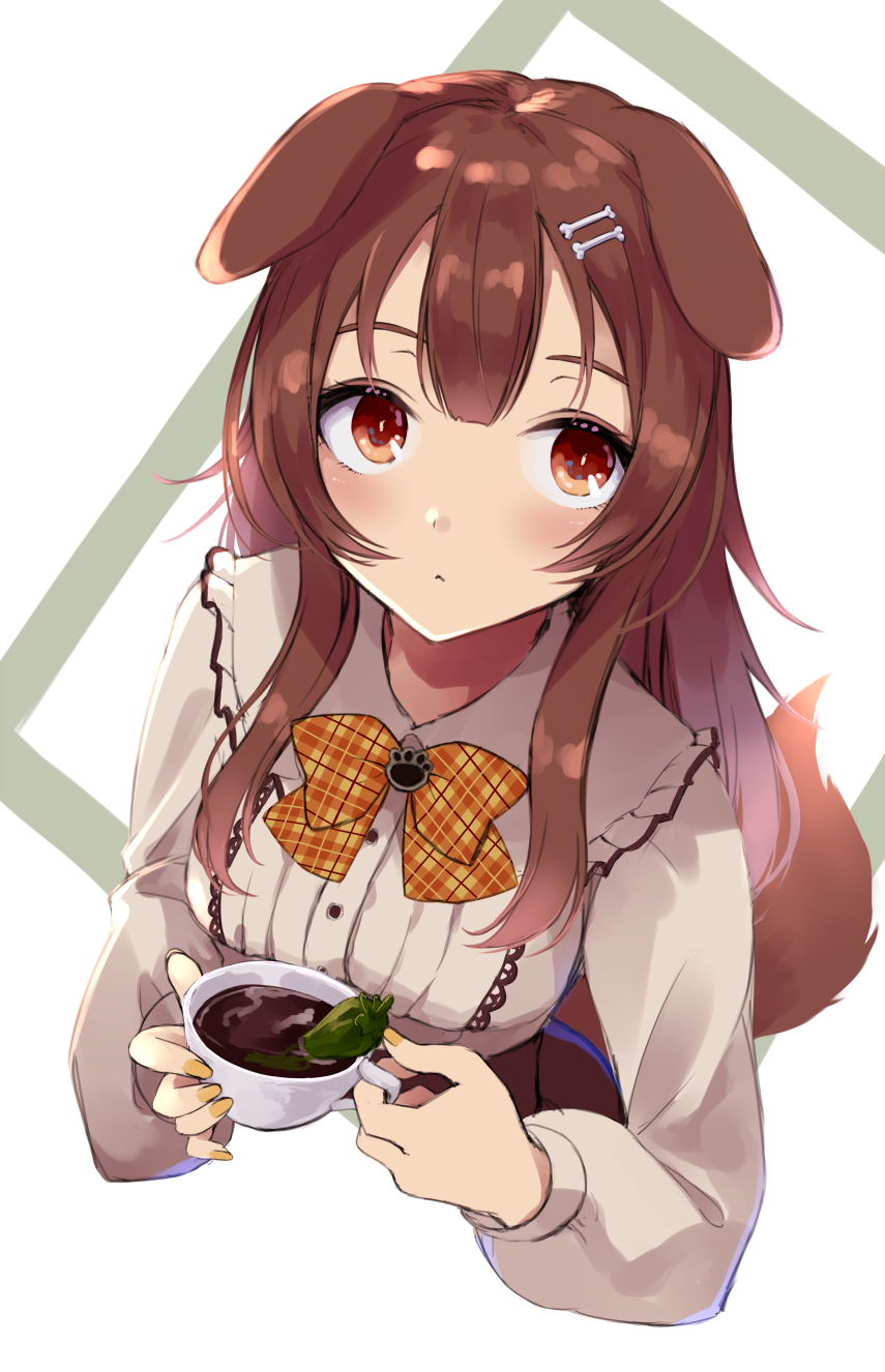 1girl amamiya_ui animal_ears bangs blush bone_hair_ornament breasts brown_eyes brown_hair checkered checkered_floor chili chili_pepper closed_mouth coffee_mug cup dog_ears dog_girl dog_tail eyelashes frilled_shirt_collar frills from_above hair_between_eyes hair_down hair_ornament hairclip highres holding holding_cup hololive inugami_korone large_breasts long_hair looking_at_viewer mug plaid_neckwear shirt solo tail upper_body virtual_youtuber white_shirt yellow_neckwear