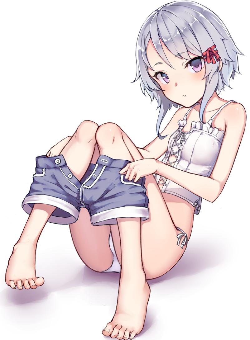 1girl ass bare_arms bare_shoulders barefoot blue_shorts breasts camisole crop_top dressing feet hair_ribbon knees_up looking_at_viewer open_fly original panties parted_lips ribbon ryuinu shirt short_hair short_shorts shorts side-tie_panties sidelocks silver_hair simple_background sitting sleeveless sleeveless_shirt small_breasts solo spaghetti_strap string_panties thighs underwear violet_eyes white_background white_panties white_shirt