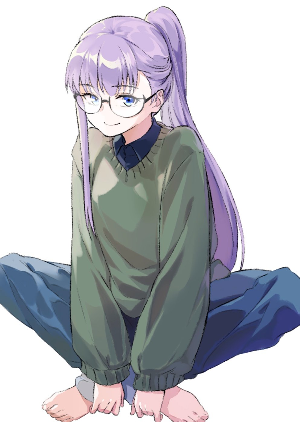 1girl bangs barefoot blue_eyes blue_pants blush breasts coffeekite contemporary denim fate/extra fate/extra_ccc fate_(series) feet glasses green_sweater highres jeans long_hair long_sleeves looking_at_viewer meltryllis_(fate) pants ponytail purple_hair small_breasts smile squatting sweater very_long_hair