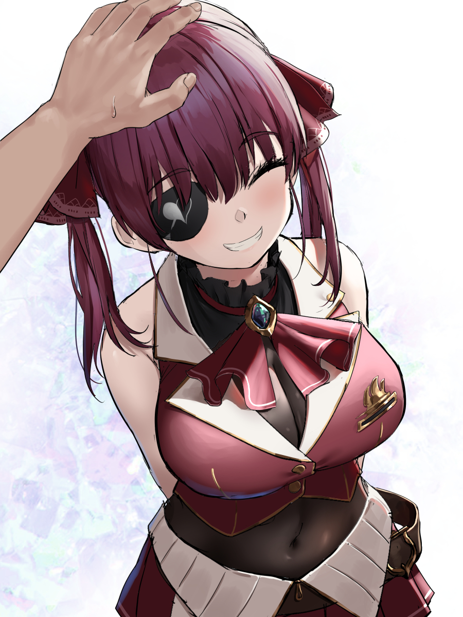 1girl arms_behind_back bangs bare_shoulders blush breasts closed_eyes covered_navel crop_top eyepatch grin hair_ribbon highres hololive houshou_marine large_breasts long_hair looking_at_viewer midriff oekakizuki petting red_ribbon redhead ribbon sleeveless smile solo_focus twintails virtual_youtuber