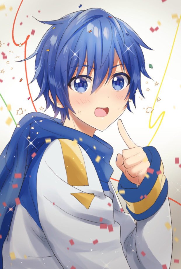 1boy birthday blue_eyes blue_hair blue_nails blue_scarf coat commentary confetti index_finger_raised kaito kikuchi_mataha looking_at_viewer male_focus open_mouth scarf smile solo streamers upper_body vocaloid white_coat