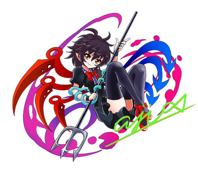 1girl aji082 artist_name asymmetrical_wings black_dress black_hair bow dress footwear_bow houjuu_nue mary_janes merchandise messy_hair necktie orange_eyes pointy_ears polearm red_bow red_footwear shoes short_dress short_hair smile snake thigh-highs touhou trident weapon white_background wings