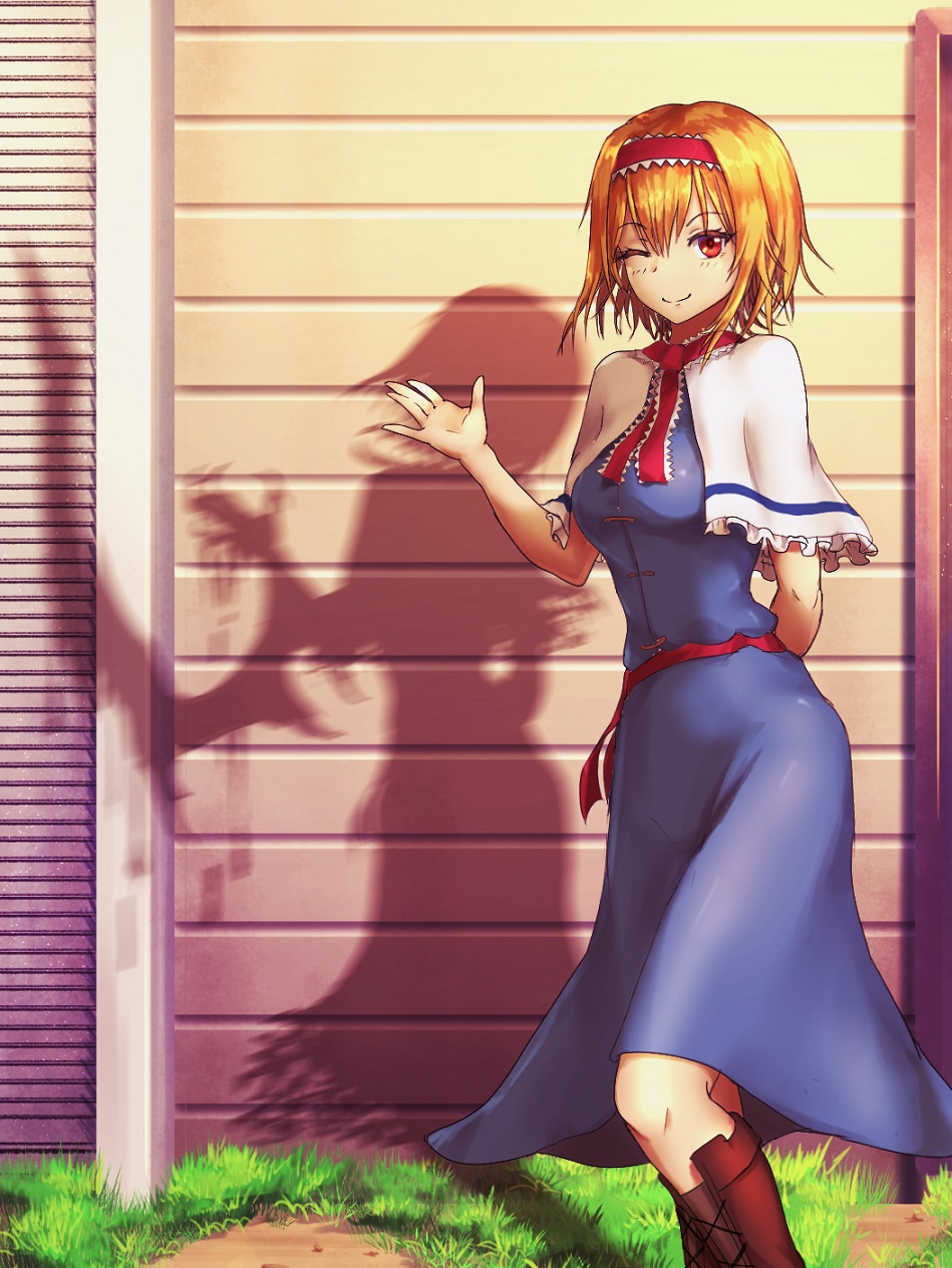 1girl alice_margatroid arm_behind_back bangs blonde_hair blue_dress bois_de_justice boots brown_footwear capelet claw_pose closed_mouth commentary_request cookie_(touhou) cross-laced_footwear day dies_irae different_shadow dress dripping eyebrows_visible_through_hair feet_out_of_frame frilled_capelet frilled_hairband frills grass hairband highres hinase_(cookie) looking_at_viewer one_eye_closed outdoors red_eyes red_hairband red_neckwear red_sash sash shadow shiny shiny_hair shinza_bansho_series short_hair smile solo standing torn_capelet torn_clothes torn_dress touhou wall white_capelet yatsukahagi