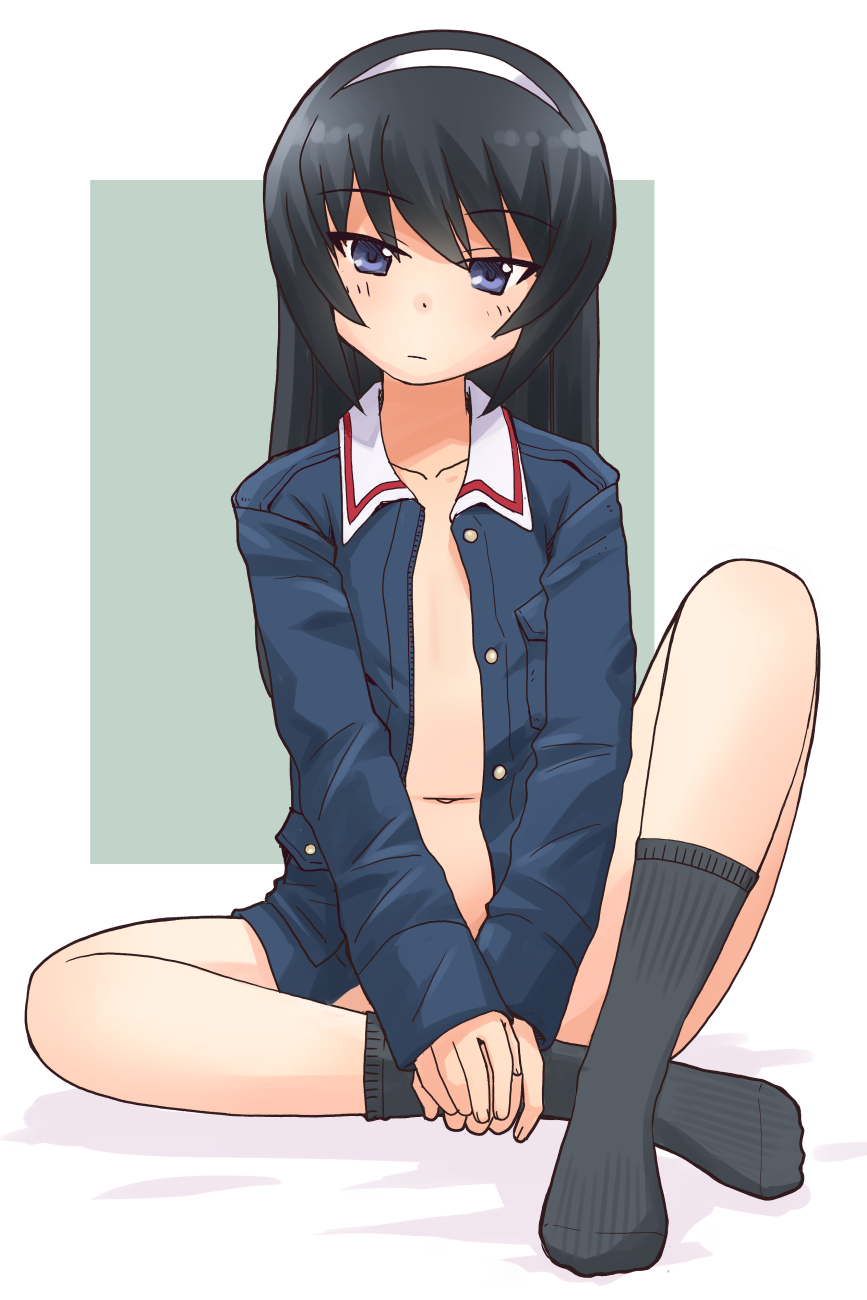1girl bangs black_hair black_legwear blue_eyes blue_jacket closed_mouth commentary eyebrows_visible_through_hair girls_und_panzer hairband highres indian_style jacket knee_up light_frown long_hair long_sleeves looking_at_viewer military military_uniform naked_jacket navel ooarai_military_uniform reizei_mako sitting socks solo uniform uona_telepin v_arms white_hairband