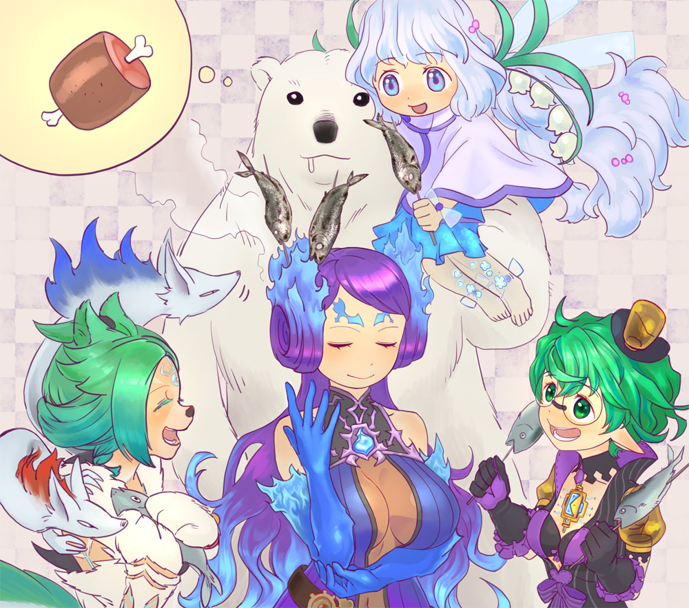 animal_nose bear breasts brighid_(xenoblade) cooking fire fish food green_hair large_breasts long_hair meat multiple_girls natto_soup nim_(xenoblade) pandoria_(xenoblade) paws polar_bear short_hair ursula_(xenoblade) xenoblade_chronicles_(series) xenoblade_chronicles_2