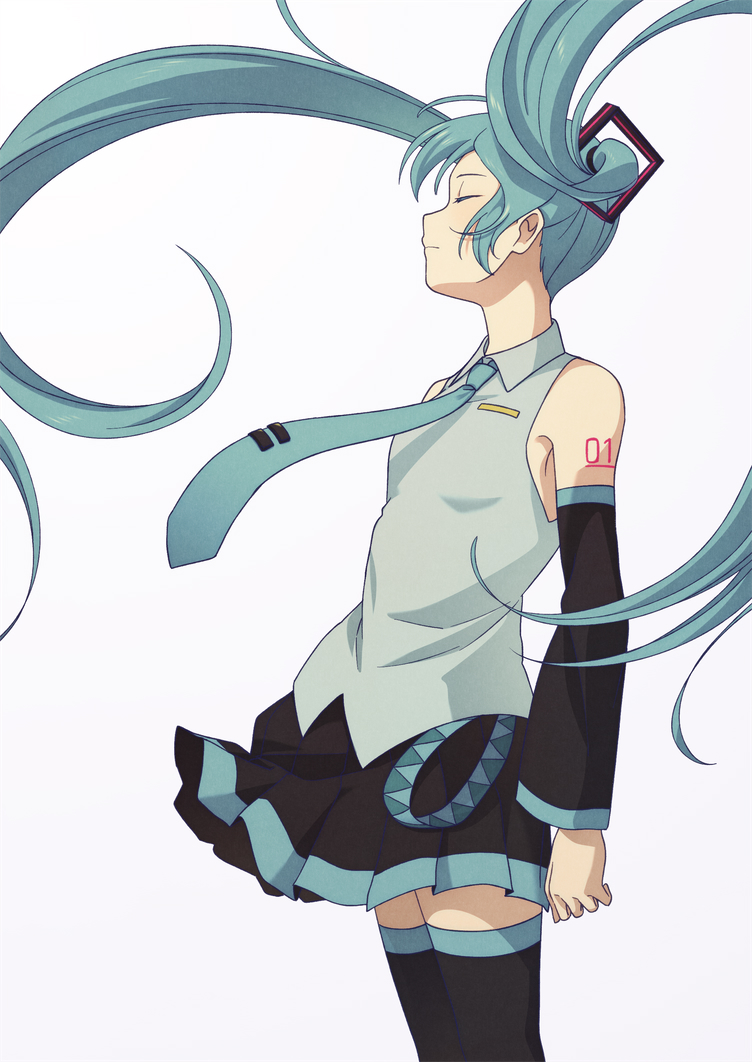 1girl armpit_crease arms_at_sides bangs bare_shoulders black_legwear black_skirt blue_hair blue_neckwear breasts clenched_hand closed_eyes closed_mouth clothes_lift collared_shirt detached_sleeves expressionless facing_away feet_out_of_frame floating_hair grey_shirt hatsune_miku legs_together light_blush long_hair necktie number_tattoo pleated_skirt profile shiny shiny_hair shirt shoulder_tattoo simple_background skirt skirt_lift sleeveless sleeveless_shirt small_breasts solo standing tattoo thigh-highs torla16 twintails under_boob vocaloid white_background zettai_ryouiki
