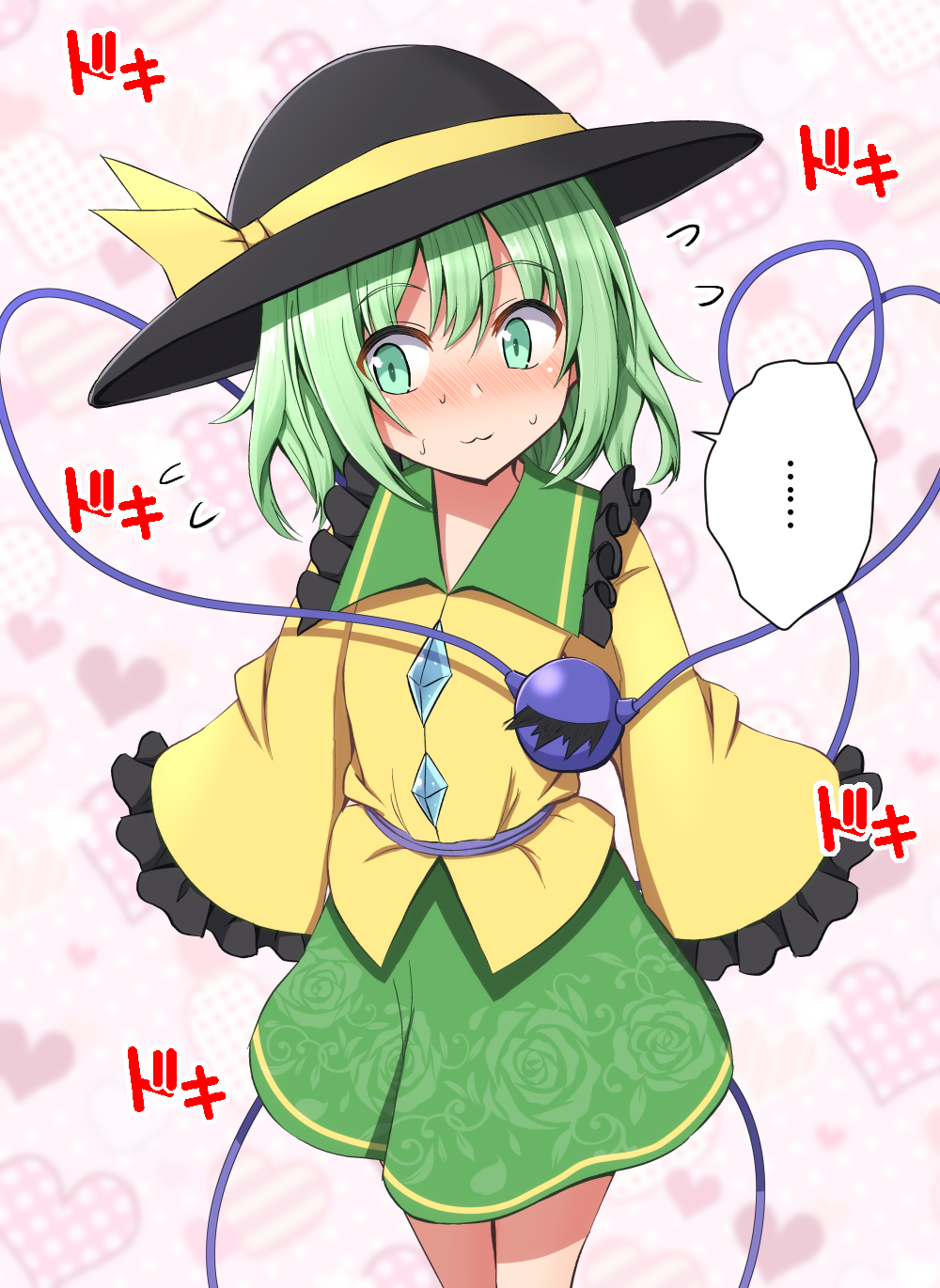... 1girl bangs blush collared_shirt commentary_request embarrassed eyeball eyebrows_visible_through_hair feet_out_of_frame floral_print frilled_sleeves frills green_eyes green_hair green_skirt hat hat_ribbon heart heart_background heart_of_string highres komeiji_koishi long_sleeves looking_to_the_side pink_background ribbon shirt short_hair skirt solo spoken_ellipsis standing sweat teoi_(good_chaos) third_eye touhou wavy_hair wide_sleeves yellow_ribbon yellow_shirt