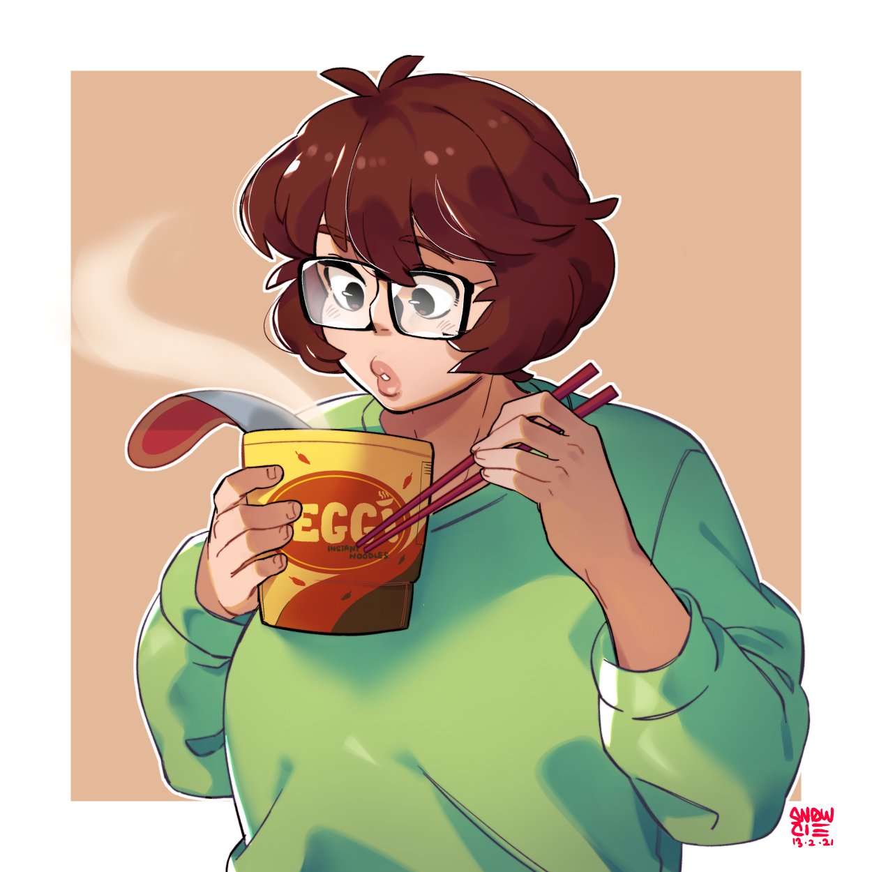 1girl artist_name bangs blowing brown_eyes brown_hair chopsticks cup dated english_commentary eyebrows_visible_through_hair glasses green_sweater highres holding holding_chopsticks holding_cup looking_down original ramen short_hair snowcie snowciel solo sweater thick_lips