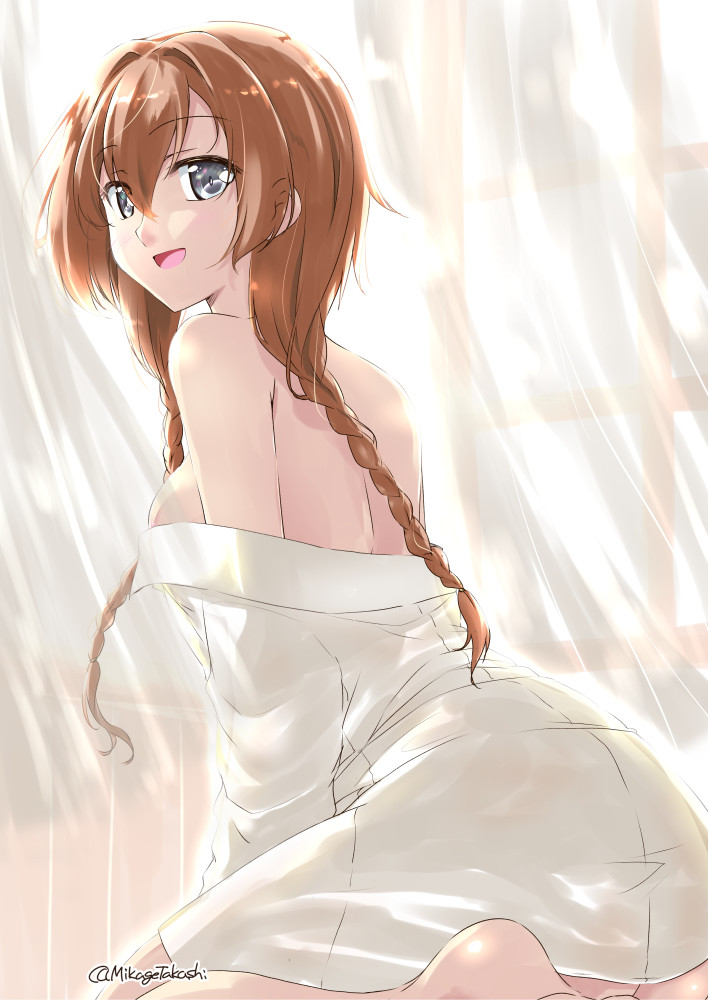 1girl blue_eyes braid breasts brown_hair curtains dress hair_between_eyes indoors kantai_collection large_breasts long_hair long_sleeves looking_at_viewer looking_back mikage_takashi off_shoulder open_mouth sideboob solo teruzuki_(kancolle) twin_braids twitter_username white_dress window
