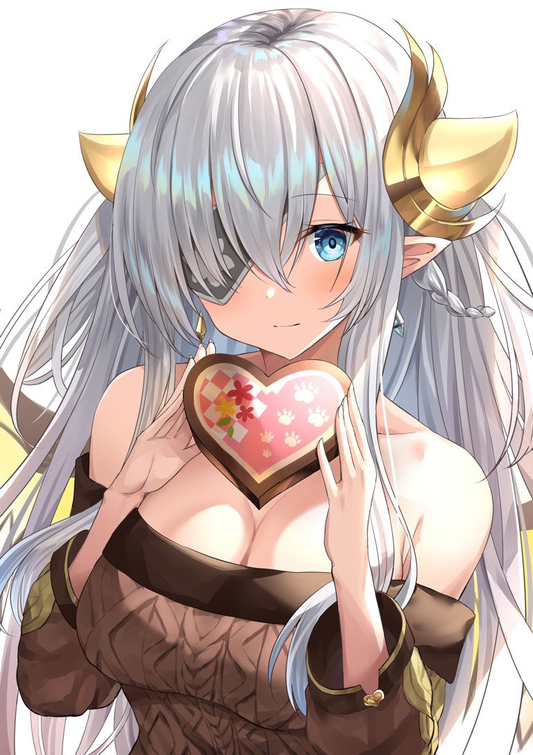 1girl bangs bare_shoulders blue_eyes braid brown_sweater earrings eyepatch gift hair_between_eyes hair_ornament holding holding_gift horns ideal_(p&amp;d) jewelry kanaria_(kanari_as) long_hair looking_at_viewer off-shoulder_sweater off_shoulder one_eye_covered pointy_ears puzzle_&amp;_dragons silver_hair sweat sweater white_background