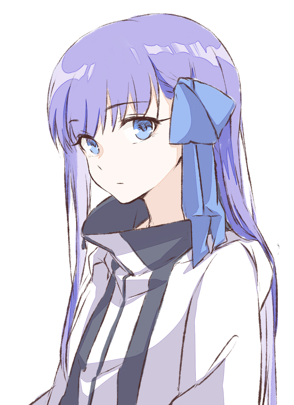 1girl bangs blue_eyes blue_ribbon breasts coffeekite fate/extra fate/extra_ccc fate_(series) hair_ribbon highres jacket long_hair long_sleeves looking_at_viewer meltryllis_(fate) purple_hair ribbon small_breasts striped_jacket very_long_hair white_jacket