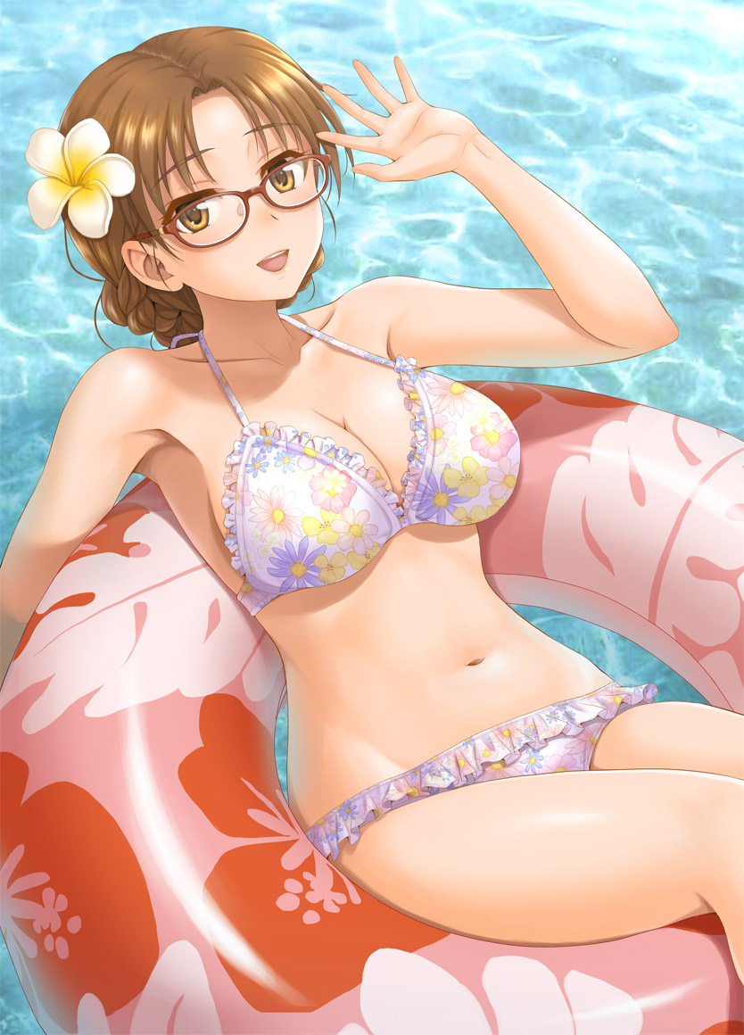 1girl :d afloat bangs bikini braid breasts brown_eyes brown_hair collarbone day floral_print flower frilled_bikini frills hair_flower hair_ornament hand_up hida_tatsuo hoshina_tomoko innertube looking_at_viewer lying medium_breasts navel on_back open_mouth outdoors parted_bangs smile solo swimsuit to_heart water waving