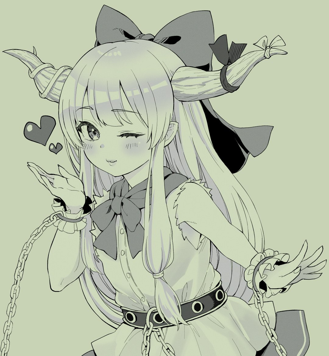 1girl ;) bangs bare_shoulders belt blown_kiss blush bow bowtie buttons commentary_request cuffs eyebrows_visible_through_hair fingernails flat_chest hair_bow heart horn_bow horn_ornament horns ibuki_suika lips long_hair looking_at_viewer monochrome natsushiro one_eye_closed oni_horns parted_lips pointy_ears shirt sidelocks simple_background sleeveless sleeveless_shirt smile solo torn_clothes touhou traditional_media upper_body very_long_hair wrist_cuffs