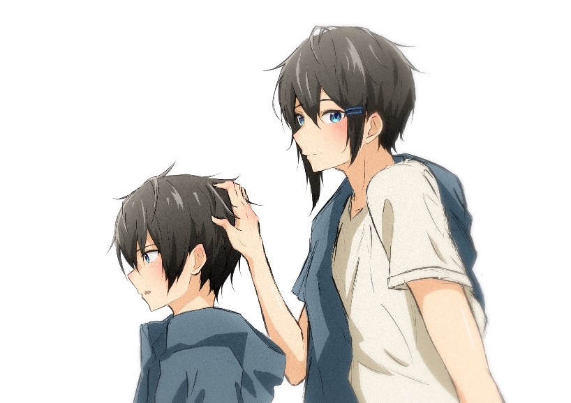 1boy 1girl age_difference black_hair brother_and_sister hand_on_head height_difference jacket jacket_on_shoulders keyceteller0702 original shirt short_hair siblings t-shirt tomboy white_background