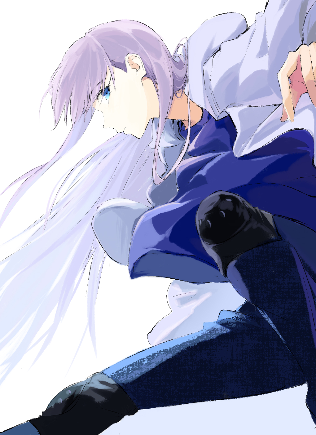 1girl bangs blue_eyes blue_pants blue_shirt breasts coffeekite contemporary fate/extra fate/extra_ccc fate_(series) highres jacket knee_pads long_hair long_sleeves looking_at_viewer meltryllis_(fate) open_clothes open_jacket pants purple_hair shirt small_breasts very_long_hair white_jacket