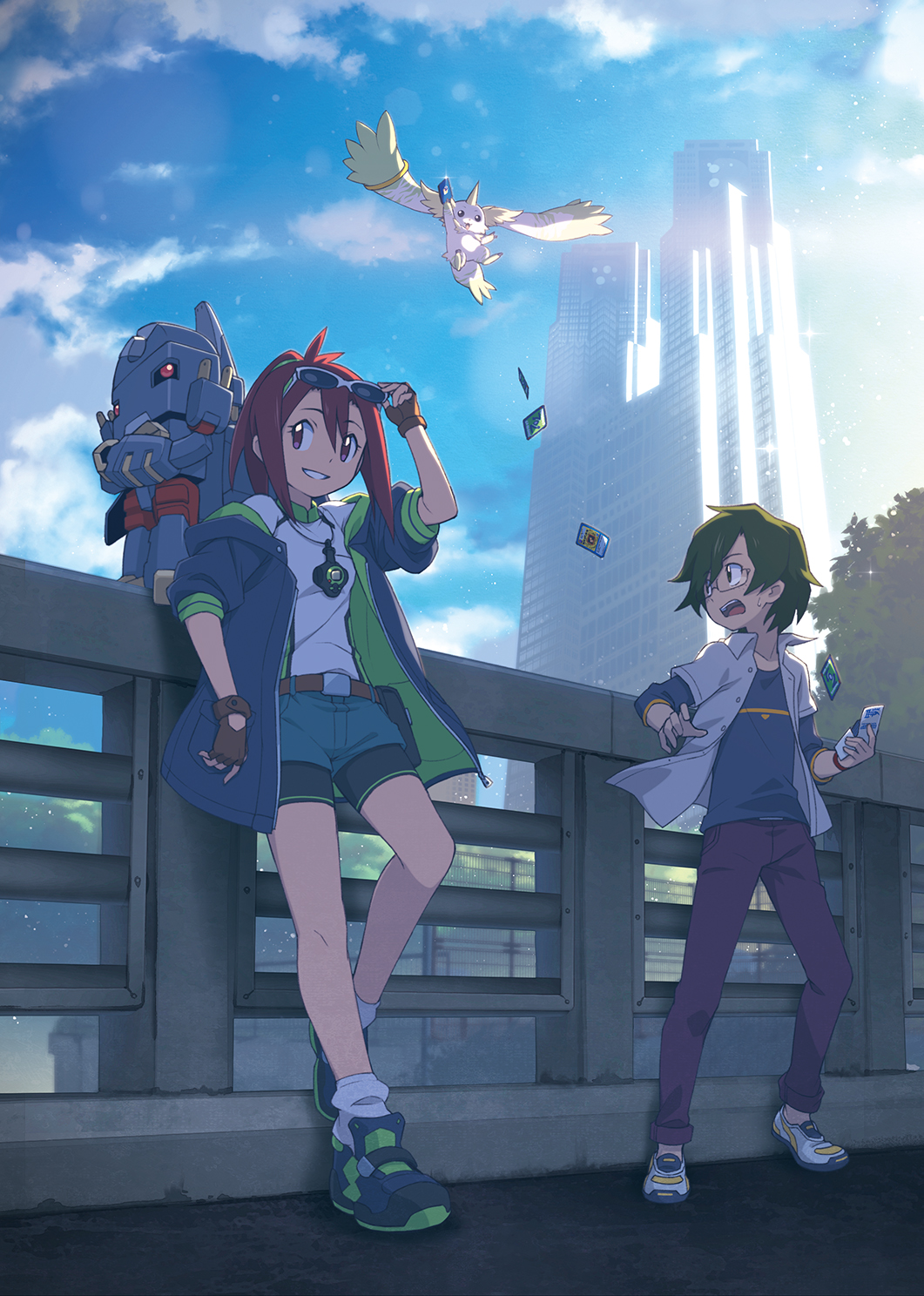 1boy 1girl arm_up belt belt_buckle belt_pouch blue_jacket blue_sky brown_gloves buckle building card character_request clouds cloudy_sky creature crossed_arms degarashi_(ponkotsu) digimon eyewear_on_head fingerless_gloves glasses glint gloves green_eyes green_hair hair_between_eyes hand_on_eyewear highres holding horns jacket light_particles light_rays open_clothes open_jacket open_mouth outdoors pouch redhead shoes short_shorts shorts single_horn sky sleeves_rolled_up smile sneakers socks sparkle sweat teeth tongue torn tree violet_eyes white_legwear