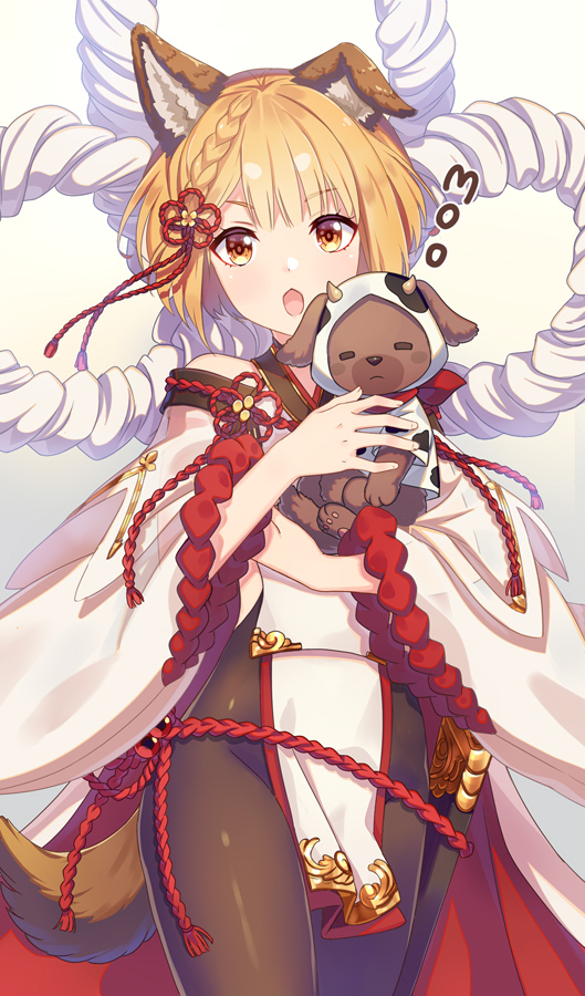 1girl animal animal_costume animal_ear_fluff animal_ears bangs bare_shoulders blonde_hair blush braid brown_eyes brown_legwear chinese_zodiac commentary_request cow_costume dog dog_ears dog_girl dog_tail erune eyebrows_visible_through_hair gradient gradient_background granblue_fantasy grey_background holding holding_animal jiman long_sleeves looking_at_viewer off_shoulder open_mouth pantyhose short_hair solo tail v-shaped_eyebrows vajra_(granblue_fantasy) white_background wide_sleeves year_of_the_ox