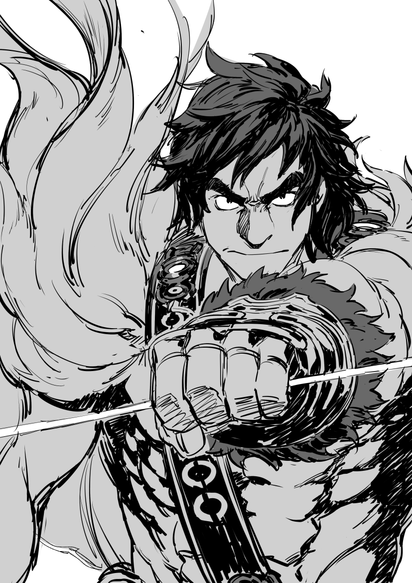 1boy abs bangs chest_harness fate/grand_order fate_(series) feather_boa frown greyscale harness kyo-ani_love looking_at_viewer male_focus messy_hair monochrome muscular muscular_male orion_(super_archer)_(fate) serious short_hair sketch solo stomach thick_eyebrows upper_body white_background
