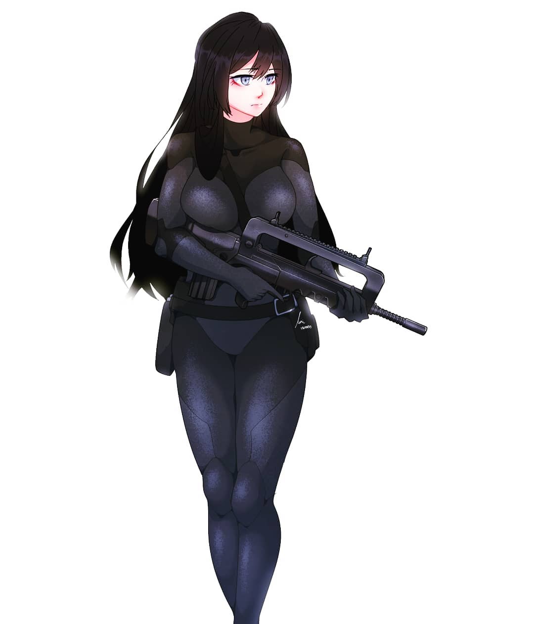 1girl assault_rifle bangs belt black_belt black_bodysuit black_hair bodysuit breasts bullpup eyebrows_visible_through_hair eyeshadow famas gun highres holding holding_gun holding_weapon large_breasts long_hair looking_to_the_side makeup onta_bahlul original red_eyeshadow rifle solo trigger_discipline weapon white_background