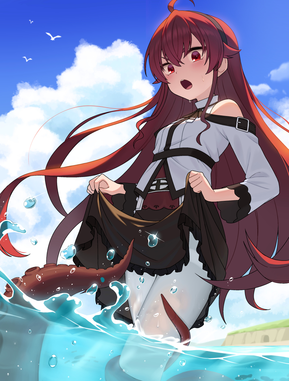 1girl ahoge bangs bare_shoulders black_hairband black_skirt blue_sky blush breasts child_(isoliya) clouds cloudy_sky commentary_request day eris_greyrat eyebrows_behind_hair frilled_skirt frills hair_between_eyes hairband highres long_hair long_sleeves looking_at_viewer mushoku_tensei open_mouth outdoors pantyhose red_eyes redhead shirt skirt skirt_hold sky small_breasts solo suction_cups sweat tentacles very_long_hair wading water white_legwear white_shirt