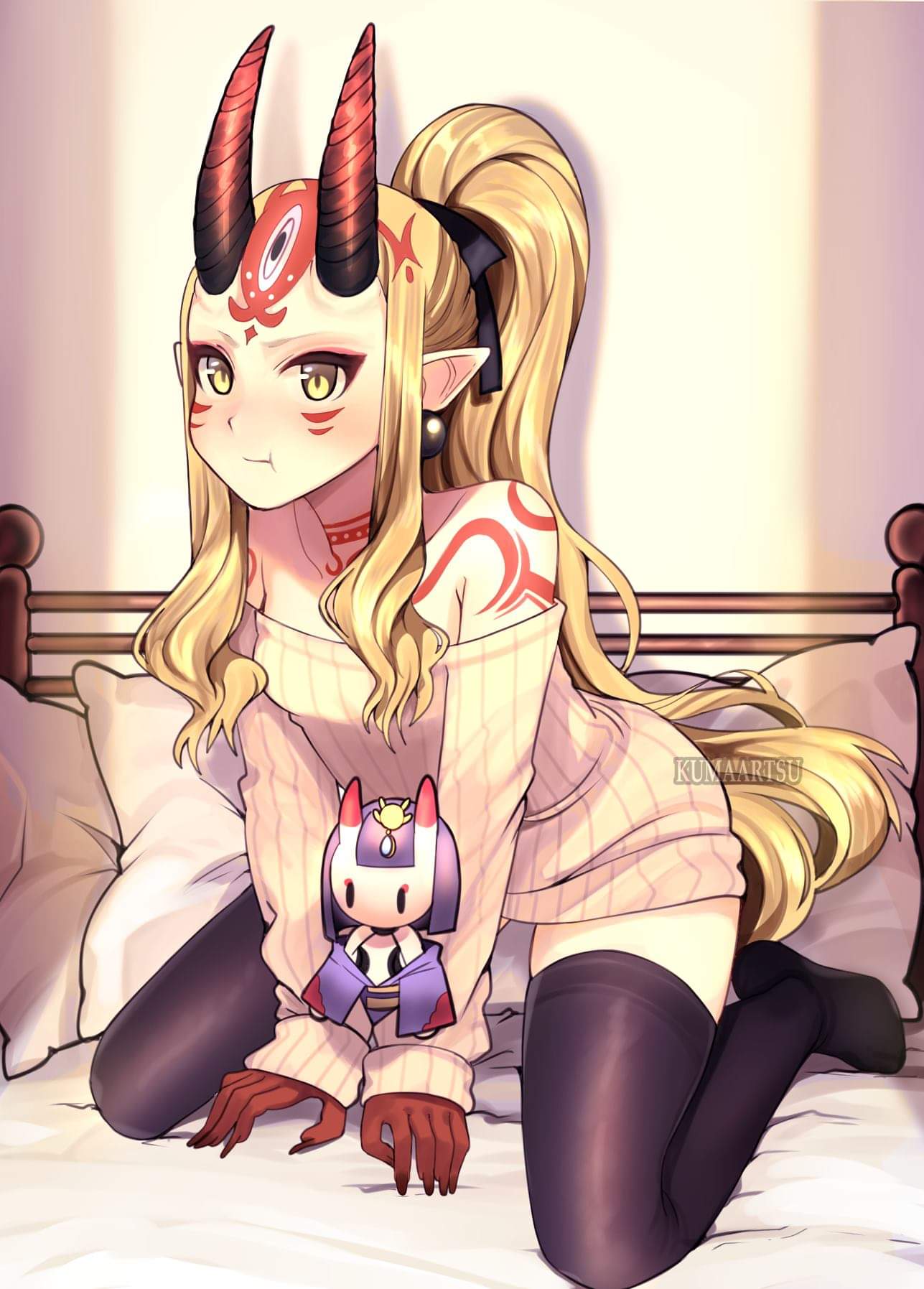 1girl :t alternate_hairstyle bare_shoulders black_horns black_ribbon blonde_hair blush character_doll colored_skin dress earrings english_commentary eyeliner facial_mark facial_tattoo fate/grand_order fate_(series) fingernails forehead_mark hair_ribbon highres horns ibaraki_douji_(fate) jewelry kneeling kumaartsu long_hair looking_at_viewer makeup neck_tattoo no_bra nose_blush off-shoulder_dress off_shoulder on_bed oni oni_horns pale_skin pillow pointy_ears ponytail pout red_skin ribbed_dress ribbon sharp_fingernails shoulder_tattoo shuten_douji_(fate) solo sweater sweater_dress tattoo thigh-highs two-tone_skirt v_arms very_long_hair watermark yellow_eyes zettai_ryouiki