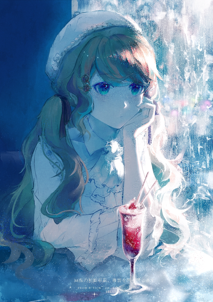 1girl black_ribbon blue_background blue_eyes brown_hair hair_ornament hair_ribbon hairclip head_rest long_hair original parfait ribbon sitting watermark white_headwear white_neckwear windworker