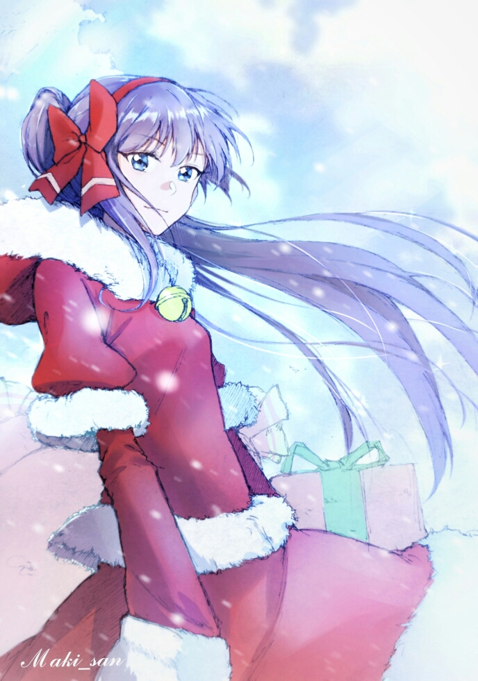 1girl bangs bell blue_eyes blue_sky bow box breasts christmas coffeekite dress fate/extra fate/extra_ccc fate_(series) fur-trimmed_dress fur_trim gift gift_box hat hood hood_down jingle_bell long_hair long_sleeves looking_at_viewer meltryllis_(fate) ponytail purple_hair red_bow red_dress red_headwear santa_costume santa_hat sky small_breasts smile snowing very_long_hair