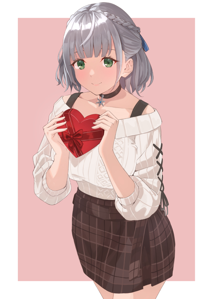 1girl ahoge bangs black_choker box braid breasts brown_skirt candy chocolate chocolate_heart choker closed_mouth collarbone cowboy_shot food french_braid green_eyes grey_hair hair_ribbon half_updo heart heart-shaped_box holding holding_box holding_chocolate holding_food hololive jewelry large_breasts looking_at_viewer miniskirt off-shoulder_shirt off_shoulder pendant pink_background plaid plaid_skirt ribbed_sweater ribbon shirogane_noel shirt short_hair silver_hair skirt sleeves_rolled_up smile solo sweater tonn_(tonn_5336) valentine virtual_youtuber white_sweater