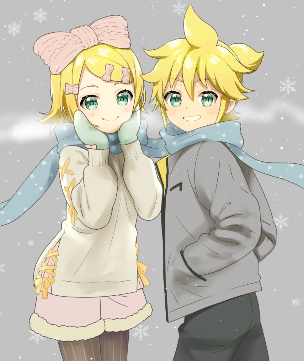 1boy 1girl aqua_eyes bangs blonde_hair blue_scarf commentary cowboy_shot from_side fur-trimmed_shorts fur_trim grey_background grey_jacket grin hair_ribbon hands_in_pockets hands_on_own_cheeks hands_on_own_face jacket kagamine_len kagamine_rin kikuchi_mataha long_scarf looking_at_viewer pantyhose pink_ribbon pink_shorts ribbon scarf shared_scarf short_hair short_ponytail shorts smile snowflakes snowing spiky_hair standing sweater swept_bangs vocaloid white_sweater