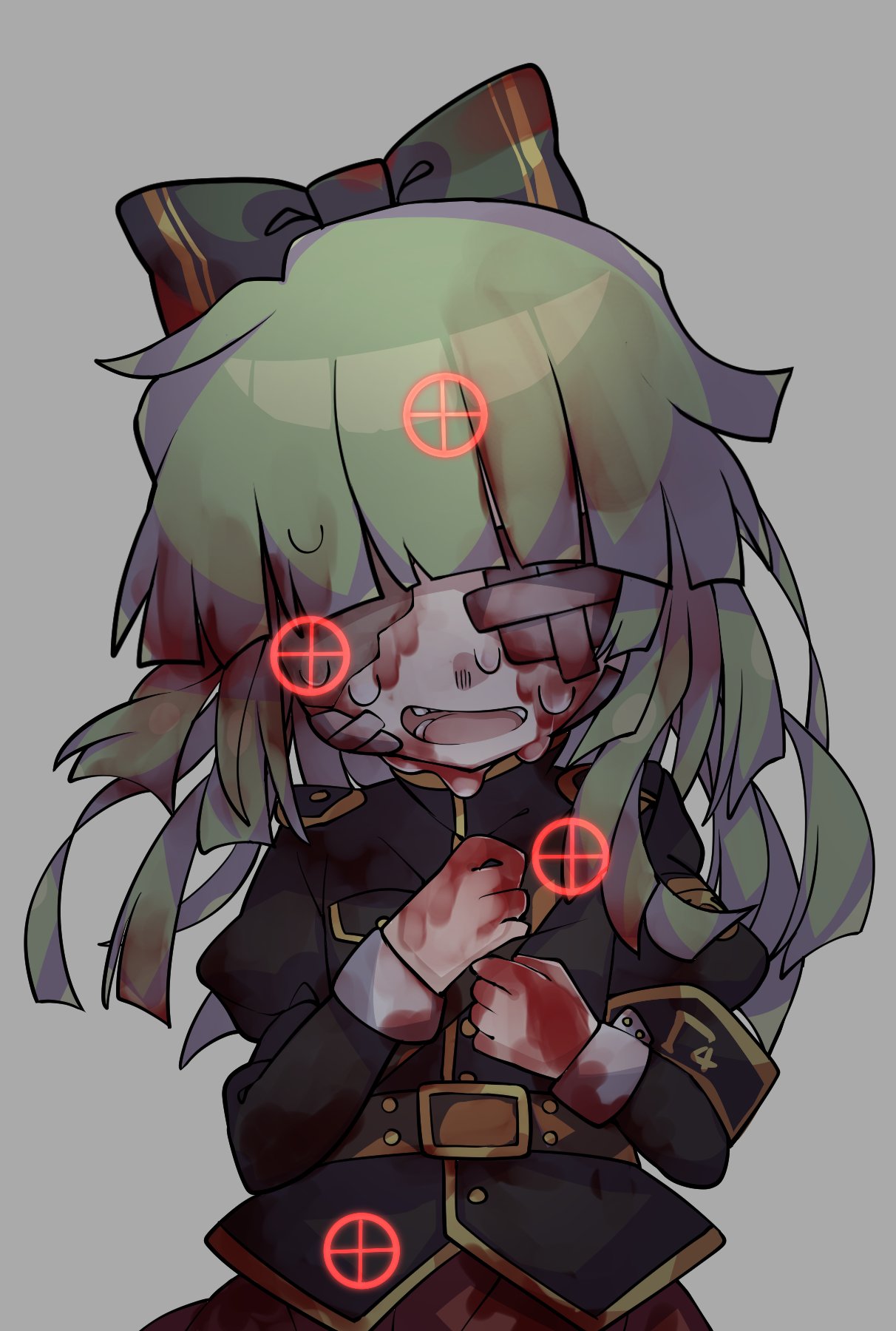 1girl bandage_on_face bandages bandaid bandaid_on_face blood blood_on_face bloody_clothes bow ciconia_no_naku_koro_ni covered_eyes green_bow green_hair grey_background hair_bow highres koshka_(ciconia) long_sleeves ningenimomusi open_mouth sleeve_cuffs solo sweat target